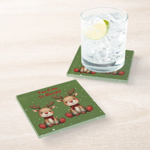 Sweet Reindeer Pair in Holiday Snowfall Glass Coaster