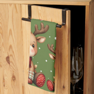 Sweet Reindeer Pair in Holiday Snowfall Kitchen Towel