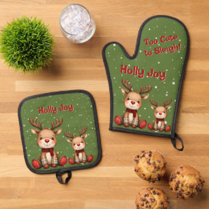 Sweet Reindeer Pair in Holiday Snowfall Oven Mitt & Pot Holder Set