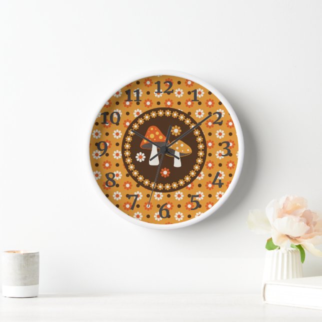 Sweet Retro Mushrooms and Flowers  Clock (Home)