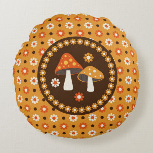 Sweet Retro Mushrooms and Flowers  Round Pillow