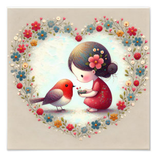Sweet Robin and Little Girl Floral Heart Photo Print
