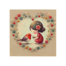 Sweet Robin and Little Girl Floral Heart