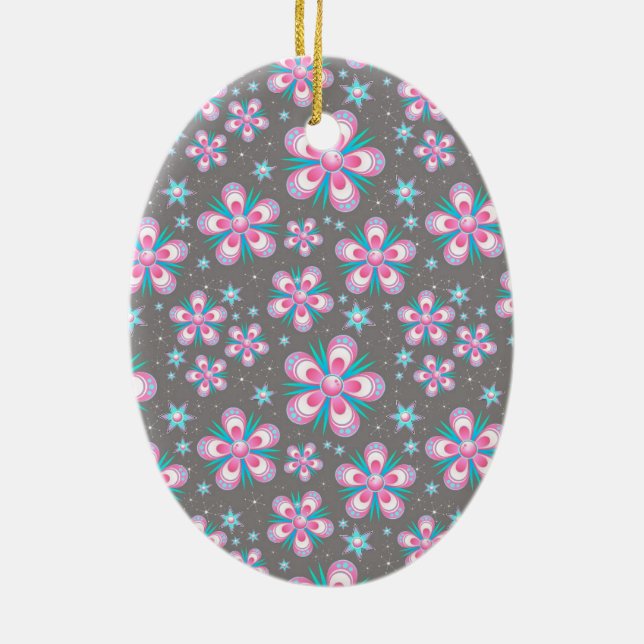 Sweet Romantic  Abstract Pink Flowers Pattern Ceramic Ornament (Back)