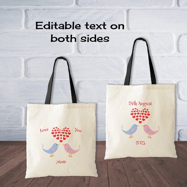 Sweet romantic lovebirds with hearts tote bag (Natural bag with black handles)