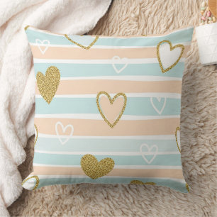Sweet Romantic Pastel Heart Stripe Throw Pillow