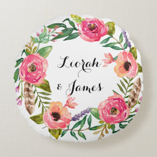 Sweet romantic watercolor flower round pillow