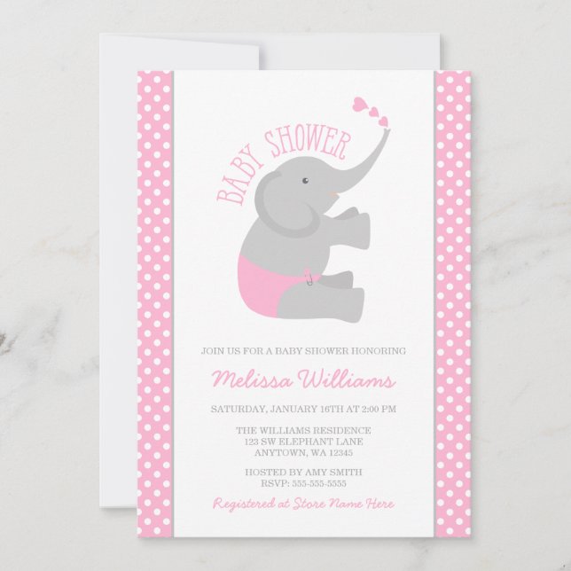 Sweet rose Grey Elephant Baby Shower Invitations (Devant)