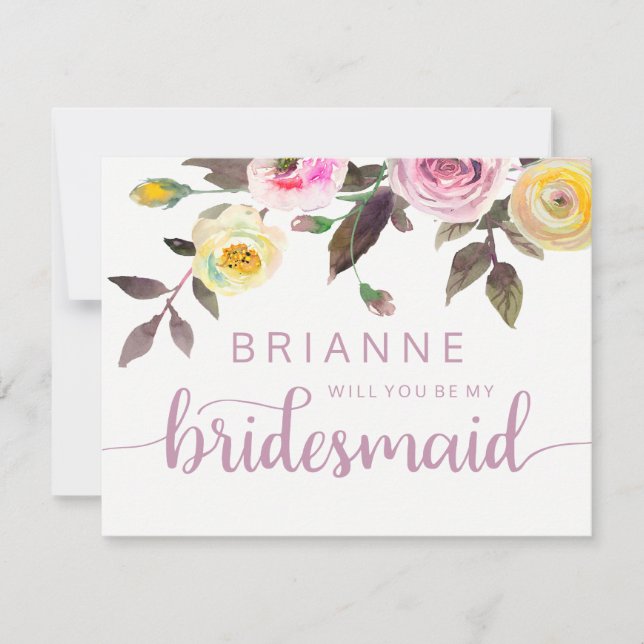 Sweet Rose Watercolor Will You Be My Bridesmaid Invitation (Front)