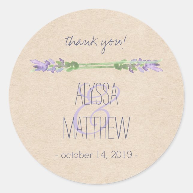 Sweet Rustic Purple Lavender on Kraft Look Wedding Classic Round Sticker (Front)