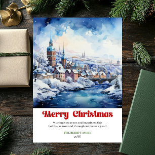 Sweet rustic winter scene watercolor bold holiday  card