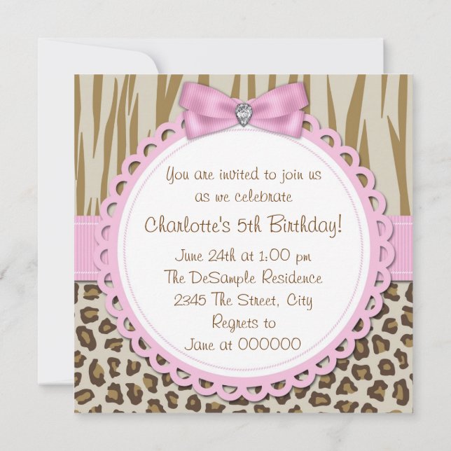 Sweet Safari Girls 5th Birthday Party Invitation (Back)