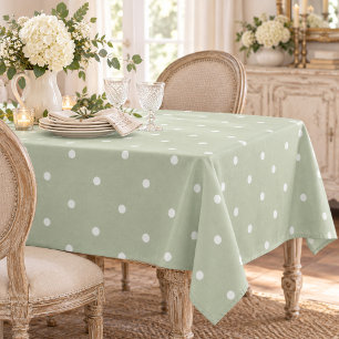 Sweet Sage Green Whte Polkadots Vintage Tablecloth