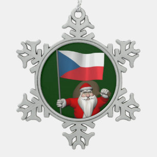 Sweet Santa Claus With Flag Of Czech Republic Snowflake Pewter Christmas Ornament