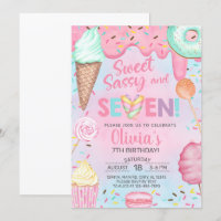 Sweet sassy and seven girl birthday invitation.