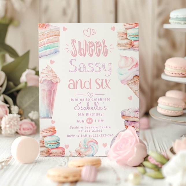 Sweet sassy and six pastel sweets 6th birthday invitation (Creator Uploaded)