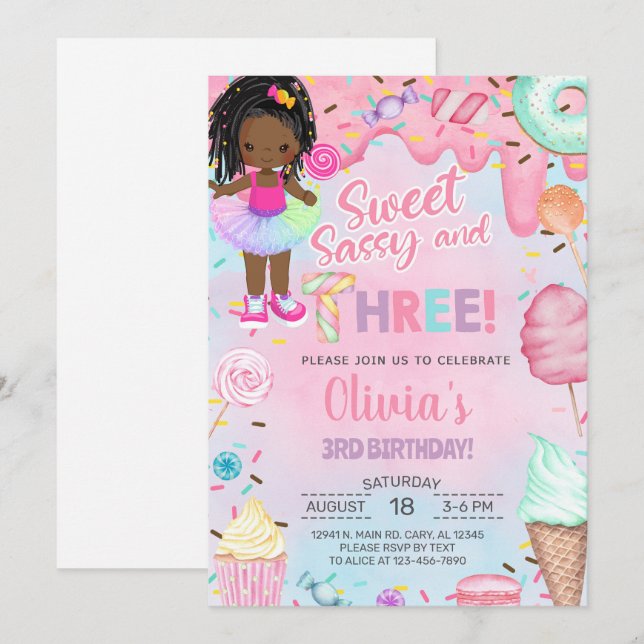 Sweet sassy and three girl 3rd birthday invitation (Devant / Derrière)