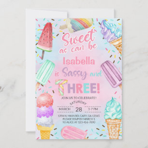 Sweet, Sassy and Three girl 3rd birthday invite. Invitation