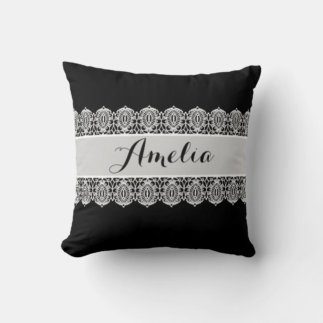 Sweet Script - Black and White Lace Monogram Throw Pillow (Front)