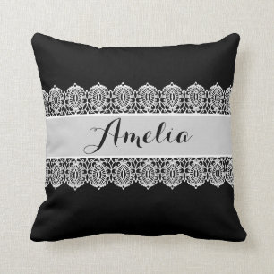 Sweet Script - Black and White Lace Monogram Throw Pillow