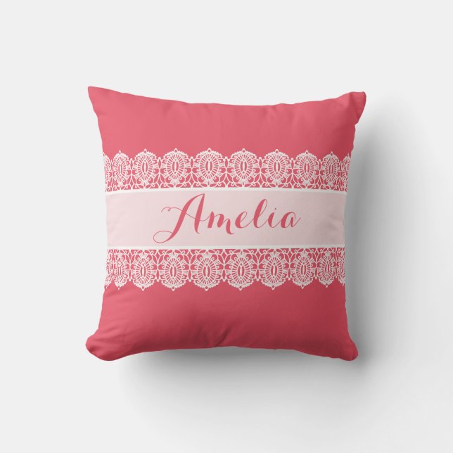 Sweet Script - Bright Pink Lace Monogram Throw Pillow (Front)