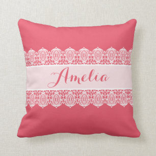 Sweet Script - Bright Pink Lace Monogram Throw Pillow