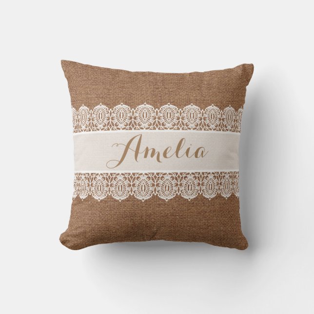 Sweet Script - Faux Burlap and Lace Monogram Throw Pillow (Front)