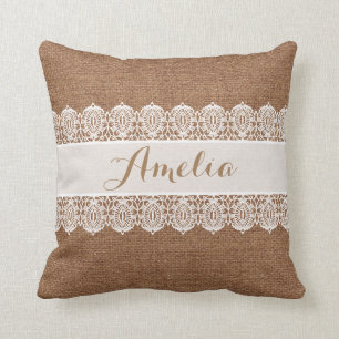 Sweet Script - Faux Burlap and Lace Monogram Throw Pillow
