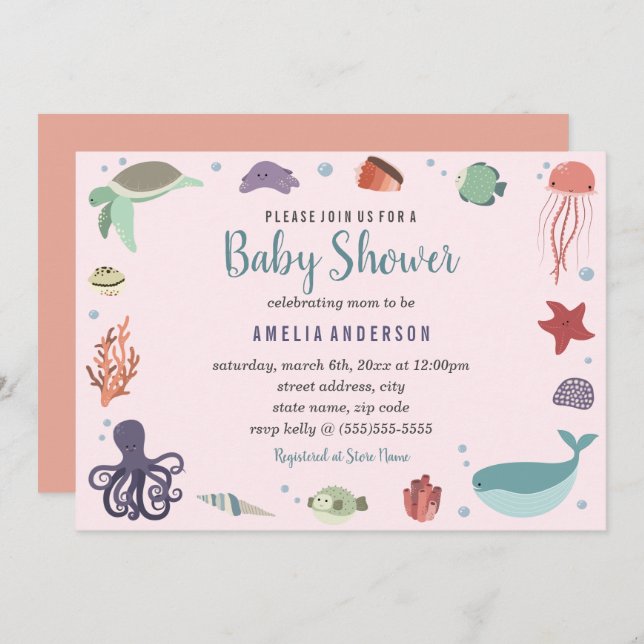 Sweet Sea Creatures Coral Baby Shower Invitation (Front/Back)