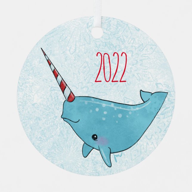 Sweet Seasons Peppermint Narwhal Metal Ornament (Front)