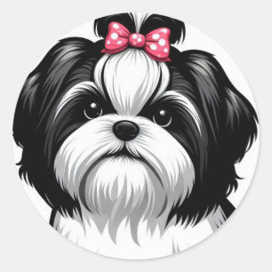 Sweet Shih Tzu in Pink Hair Bow Classic Round Sticker
