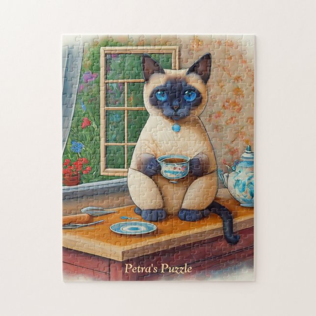 Sweet Siamese Cat and Tea Cup Puzzle (Vertical)
