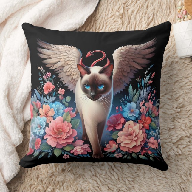 Sweet Siamese Demon and Angel Cat  Throw Pillow (Blanket)