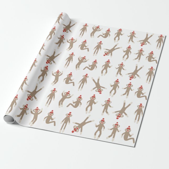 Sweet & Silly Sock Monkey White Wrapping Paper (Unrolled)