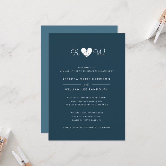Sweet Simplicity Dark Blue Wedding Invitation (Front/Back In Situ)