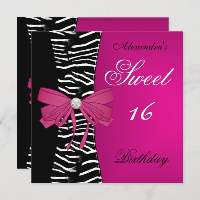 Sweet Sixteen 16 16th Bright Pink Zebra Black Bow Invitation (Front/Back)
