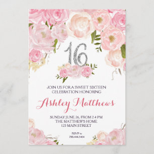 sweet sixteen 16 birthday Floral Invitation, Invitation