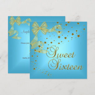 Sweet Sixteen 16 Birthday Party Gold Stars Blue Invitation