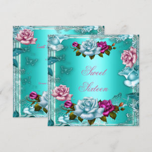 Sweet Sixteen 16 Birthday Party Teal Pink Roses 3 Invitation