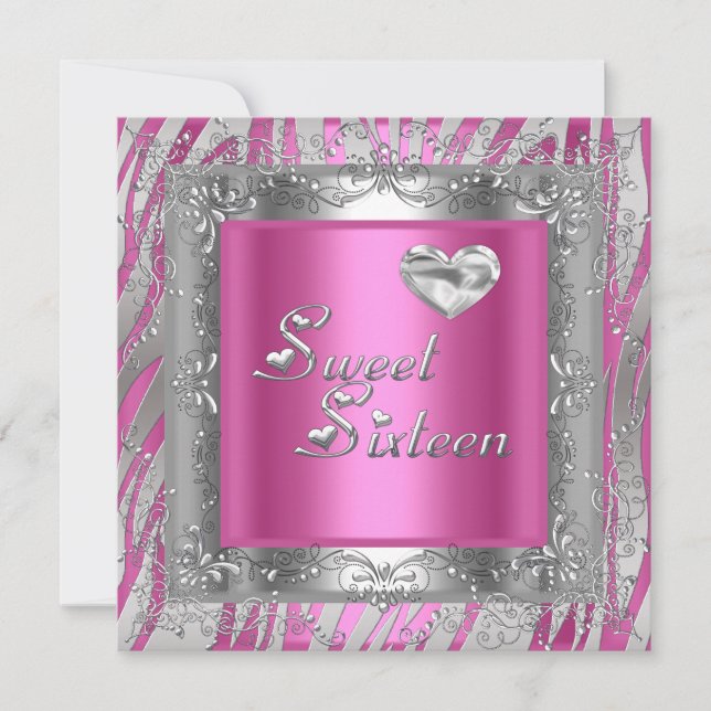 Sweet Sixteen 16 Birthday Pink Silver Hearts Invitation (Front)