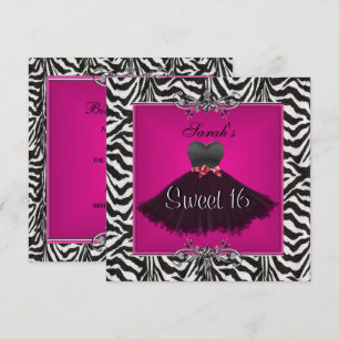 Sweet Sixteen 16 Birthday Pink Zebra Black Dress Invitation