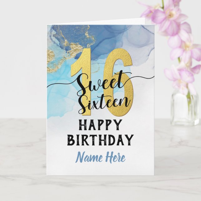 Sweet Sixteen 16 Birthday Watercolor Blue & gold Card (Orchid)