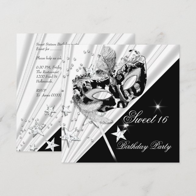 Sweet Sixteen 16 Black White Silver Mask Invitation (Front/Back)