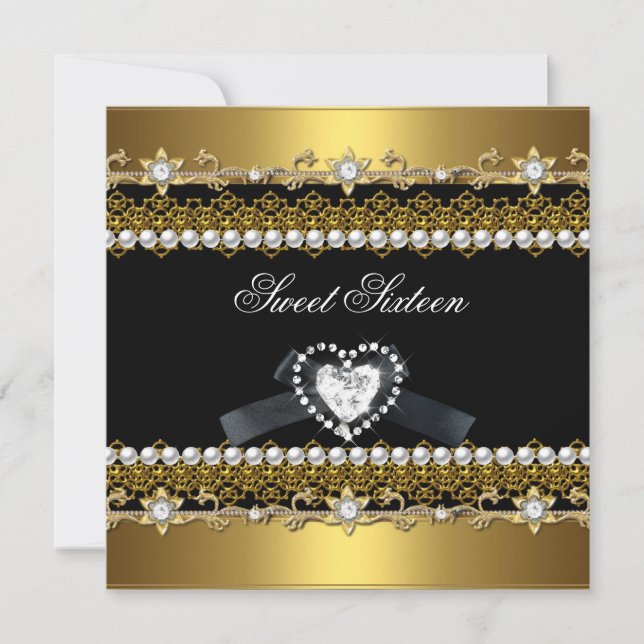 Sweet Sixteen 16 Gold Black Pearl Diamond Invitation (Front)