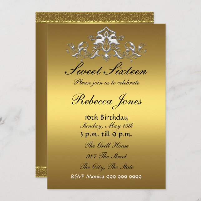 Sweet sixteen 16 Gold Invitation (Front/Back)