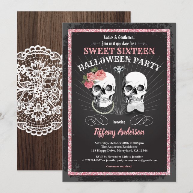 Sweet sixteen 16 Halloween birthday party pink Inv Invitation (Front/Back)