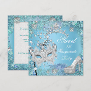 Sweet  Sixteen 16 Masquerade Party Blue Tiara Shoe Invitation