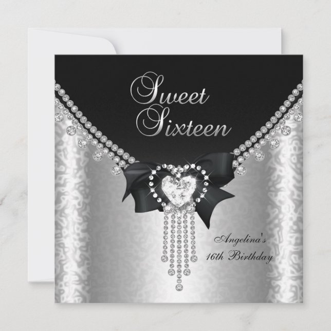 Sweet Sixteen 16 Party Black Silver Diamond 2 Invitation (Front)