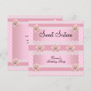 Sweet Sixteen 16 Party Floral Pink White Spot Invitation