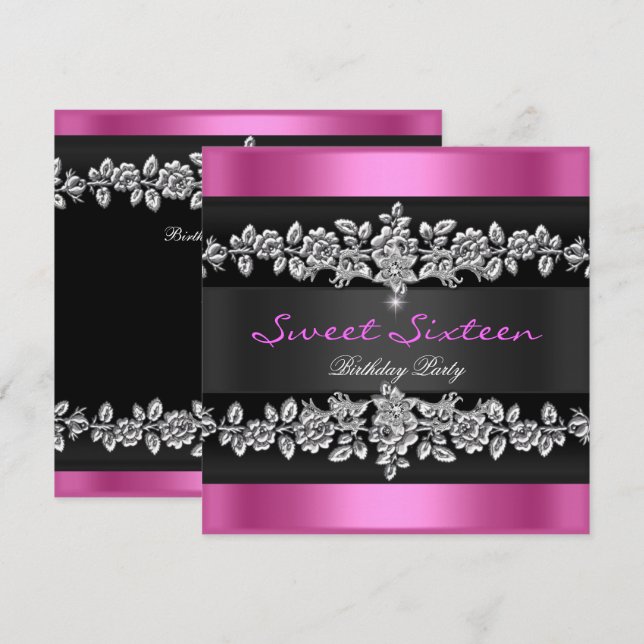 Sweet Sixteen 16 Party Pink Black Silver White Invitation (Front/Back)